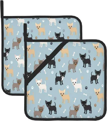 Produktbild von Topflappen, isolierter Topflappen, dick, hitzebeständig, zum Grillen, Kochen, Backen, 2 Stück,Chihuahua-Hunde blau