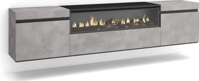 A modern media console with a built-in electric fireplace.
