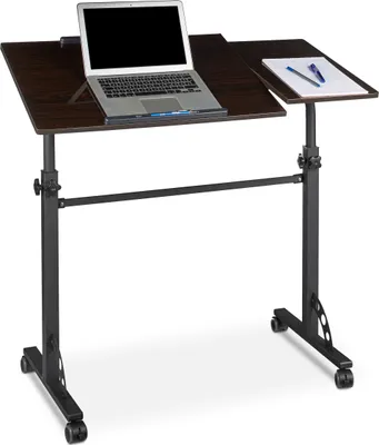 Produktbild von Relaxdays Laptoptisch höhenverstellbar, HxBxT: 110x100x50 cm, Holz, Rednerpult, bremsbare Rollen, 2 Ablagen, schwarz