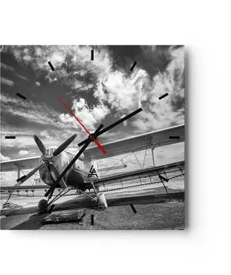 Produktbild von Wanduhr - Quadrat - Glasuhr - An-2 Flugzeug Schwarzweiß - 30x30cm - Schleichendes Uhrwerk - Lautlos - zum Aufhängen bereit - Dekoration Modern - Wanddekoration aus Glas - C3AC30x30-4228