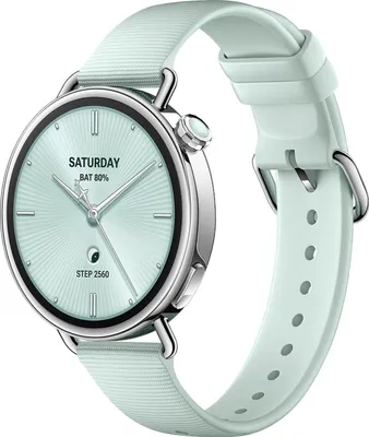 A smartwatch with a mint green band and a silver casing is displayed against a white background.
