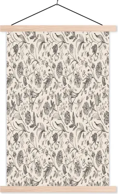 Produktbild von MuchoWow® Textilposter Blumen - Schwarz - Weiß - Blätter 120x180 cm mit holzfarbenen Rahmen - Textil-Plakat