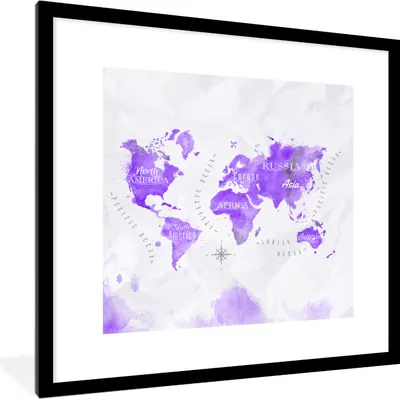 Produktbild von MuchoWow® MuchoWow® Gerahmtes Poster Weltkarten - Ölfarbe - Violett 40x40 cm - Poster mit zchwarzem Bilderrahmen - Poster - Plakat im Rahmen