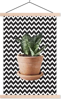 Produktbild von MuchoWow® Textilposter Pflanzen - Blumentopf - Schwarz - Weiß 40x60 cm mit holzfarbenen Rahmen - Poster
