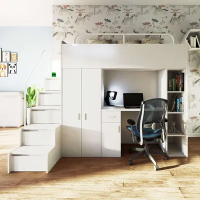 Produktbild von Marlux-Meble Hochbett Kinderbett JSM-4 80x190 mit Kleiderschrank Schreibtisch und Treppe Matt Kinderbetten Funktionsbett Etagenbett Stockbett Kinderhochbett Jugendhochbett (Weiß Matt)