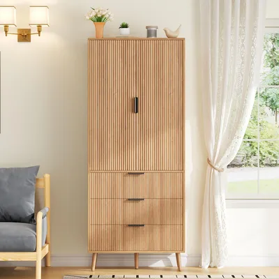 Imagen del producto de Armario de cocina de 75x35x180 cm, con 2 puertas, 3 cajones, estantes en las puertas, estantes ajustables y espacio para almacenamiento (color natural)