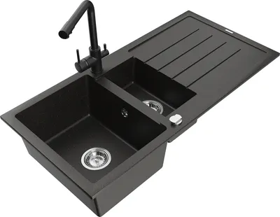 Produktbild von Mexen Andres 1,5-Becken-Granitspüle mit Abtropffläche und Mischbatterie Duero, Schwarz/Gold - 6515-75-671600-70
