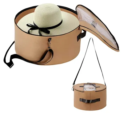 Produktbild von Hut-Organizer für Damen und Herren, runde Hut-Aufbewahrungsbox, tragbarer Hutbehälter aus Filz, Huthalter mit staubdichtem Deckel, Hutablage für Schrank oder Reise (43 cm D x 25 cm H, Khaki)