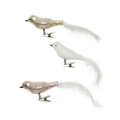Produktbild von Christbaumschmuck Glas Vögel auf Clip 8cm 3er Set Perle Weiß Rosa Mix