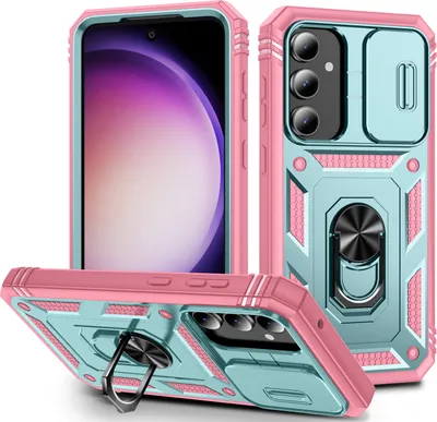 Image de Etui pour Samsung Galaxy S23 FE avec protection de l'appareil photo coulissant, résistant aux chocs, avec porte-anneau, support et porte-cartes Rose Vert