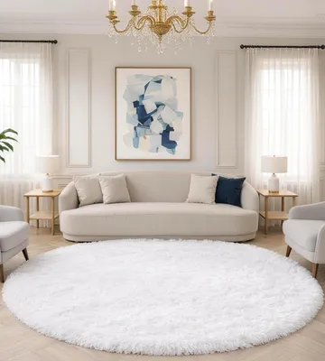 Productafbeelding van Omgoods - Rond Vloerkleed 120 cm Wit Wasbaar Antislip Hoogpolig Vloerkleed voor Slaapkamer, Zacht en Fluffy