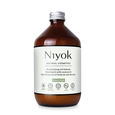 Produktbild von Niyok Mundspülung mit Kokosöl "Pfefferminze" 500ml, Antibakterielle Spülung Bio-öl aus Kokos ohne Fluorid & Ohne Alkohol für gesundes Zahnfleisch