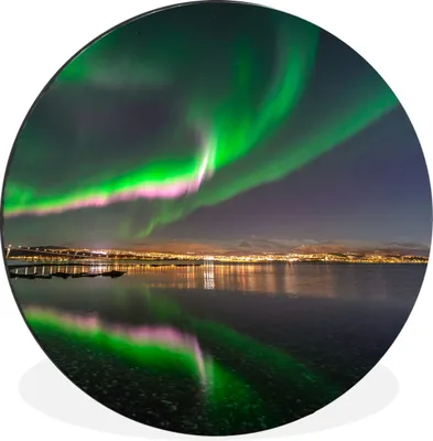 Produktbild von MuchoWow® Aluminium Wandkreis Nordlichter - Nacht - Rosa Ø 90 cm Wanddeko Modern Wohnzimmer - Mauerkreis - Wandbilder - Runde Bild - Bild aus Aluminium - Schlafzimmer - Wohnzimmerdekoration - Wand Dekoration