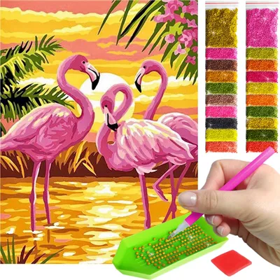 Zdjęcie produktu dla Haft diamentowy ARTULIO - Różowe flamingi przy zachodzie słońca - 30 x 40 cm - Diamond painting, Kompletny zestaw: mozaika + akcesoria