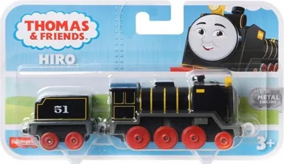 A toy train, Hiro from Thomas & Friends, is displayed in its retail packaging.