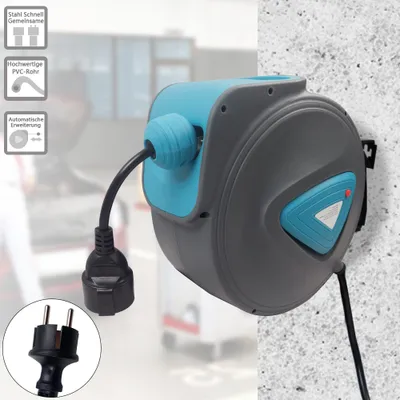 Obrázok produktu pre XMTECH 20m automatický káblový navijak Automatický káblový navijak s elektrickým systémom na správu káblov s otočným držiakom na stenu o 180°, modrý