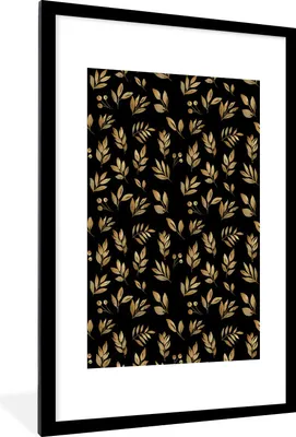 Produktbild von MuchoWow® MuchoWow® Gerahmtes Poster Blätter - Muster - Gold 60x90 cm - Poster mit zchwarzem Bilderrahmen - Dekoration - Wandposter Wohnzimmer - Hochwertig