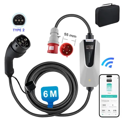 Immagine prodotto di Caricatore per veicoli elettrici da 11 kW, tipo 2, con presa CEE 16A, colore rosso, trifase, modalità 2, controllo tramite app, Bluetooth/Wi-Fi, display da 1,3 pollici, regolazione della corrente da 6 a 16A, cavo di ricarica da 6 metri, grado di protezione IP65, custodia per il trasporto