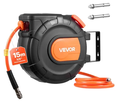 Immagine prodotto di VEVOR Avvolgitubo per aria compressa, tubo in PVC da 9,5 mm x 15 m, 20 bar, avvolgitubo chiuso con avvolgimento automatico e cavo di alimentazione da 1 m, supporto per soffitto/parete orientabile a 180°