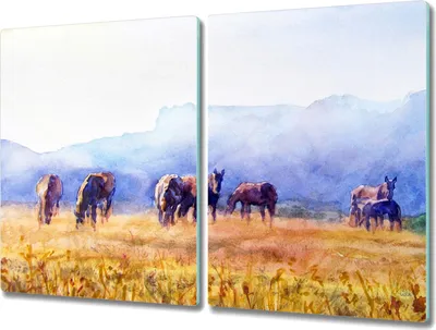 Produktbild von Coloray Schneidebrett Herdabdeckplatte 2x40x52 cm Kochplattenabdeckung Hackbrett Küchenbrett - Pferde Wiese Natur