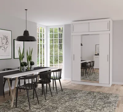 Produktbild von Schwebetürenschrank mit Aufsatz VISTA 01 Weiß + LED BELEUCHTUNG 150cm