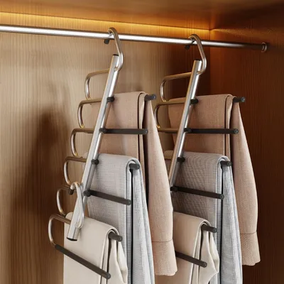Produktbild von 2 Stück platzsparende Hosenbügel aus Edelstahl, faltbar, mit Rutschschutz, 6 Etagen für Hosen, Schals, Jeans, Kleidung und Handtücher