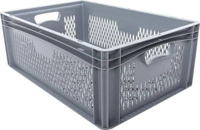 A gray plastic Eurobox crate with perforated sides and handles, shown from a slightly elevated side angle against a white background.
