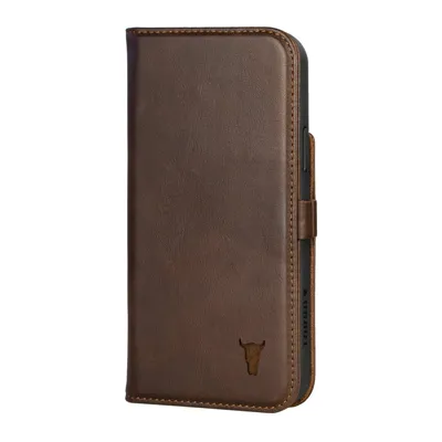 A brown leather phone case is shown closed, with a small bull logo embossed on the front.