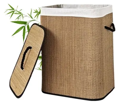 Immagine prodotto di Cesto pieghevole in bambù grande, contenitore per biancheria con rivestimento interno removibile e lavabile, dimensioni 40 x 30 x 60 cm, salvaspazio