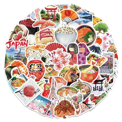 Zdjęcie produktu dla Zestaw naklejek "Japonia", 114 sztuk, styl vintage, idealny do scrapbooków i albumów podróżniczych