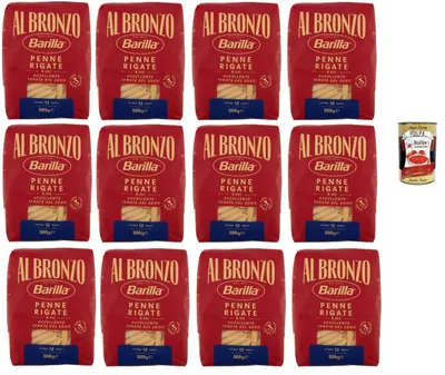 Produktbild von Barilla Al Bronzo Penne Rigate 12x500g – 6 kg Vorratspack, extraraue Bronze-Textur für maximalen Saucenhalt, al dente in 12 Min., 100% Hartweizengrieß, Original aus Italien + Italian Gourmet polpa