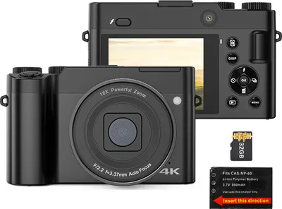 Obrázek produktu pro digitální fotoaparát 4K, digitální videokamera, 64 MP, duální objektiv, 2,8" IPS displej, automatické zaostřování, 16x digitální zoom, 20 efektů filtrů, integrovaný blesk, dobíjecí baterie s 32 GB TF kartou, dárek k narozeninám a svátku pro studenty, teenagery