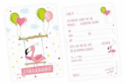 Produktbild von 10 Einladungskarten Flamingo mit GLITZER inkl. 10 transparenten Briefumschlägen Kindergeburtstag Mädchen pink rosa Einladung