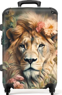 Produktbild von NoBoringSuitcases.com® Großer Koffer - Löwe - Löwenkopf - Wilde Tiere - Blumen - Kombinationsschloss TSA - Hartschalen Trolley 4 Rollen - 72 liter - Reisekoffer - 66 cmKoffer Mittelgroß 67x43x25 cm, 72L,