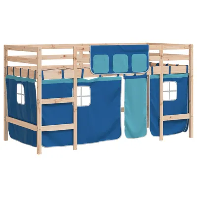 Produktbild von vidaXL Kinderhochbett mit Vorhängen Blau 90x200 cm Massivholz Kiefer