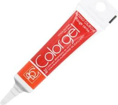 A tube of red food coloring gel on a white background.