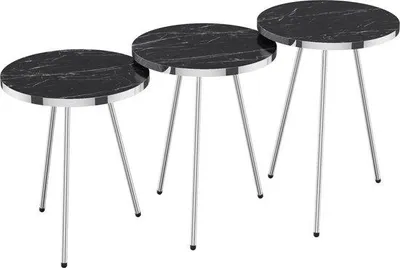 Produktbild von Outdoor-Tisch - Set von 3 - Rund - Marmor Schwarz und Silber - Schiefer und Metall - Stilvolles Design