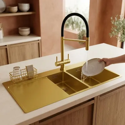 Obrázek produktu pro Kuchyňská baterie, třícestná, s povrchovou úpravou PVD, barva zlatá, s flexibilní výlevkou, značka Pure.Sink