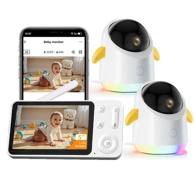 Obrázek produktu pro Dětská chůvička se 2 kamerami a APP 2K/5,0" WLAN chůvička s rozdělenou obrazovkou PTZ 360° 4× zoom IR noční vidění Barevné noční světlo Automatické sledování