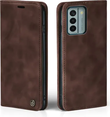 A brown leather flip case for a smartphone is shown from two angles.
