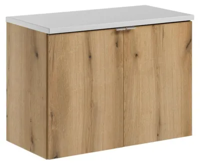 Immagine prodotto di Set da bagno sospeso VANO in rovere e bianco 80cm: mobile sotto lavabo con armadietti + piano per lavabo