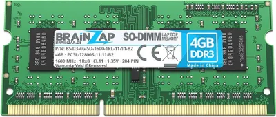 Obrázok produktu pre BRAINZAP 4GB DDR3 1600MHz PC3L-12800S-11-11-B2 SO-DIMM, CL11, 1Rx8, 1.35V, nebufferovaná, bez ECC, RAM pamäť pre notebook/laptop, pamäťový modul
