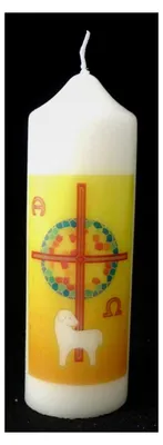 Produktbild von Osterkerze 165 x 50 mm mit Kreuz, Lamm Gottes, Alpha und Omega Symbol für Kirche, Gottesdienst oder Zuhause