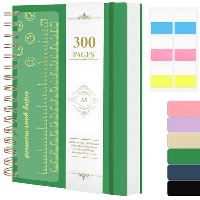 Immagine prodotto di Quaderno a spirale A5, copertina rigida, righe, 300 pagine, carta da 100 g/m², colore verde, con righello e adesivi