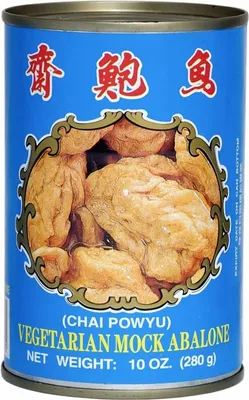 A can of vegetarian mock abalone with Chinese characters and product details.