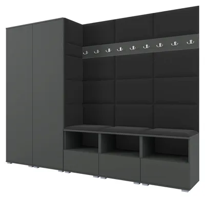 Produktbild von Garderobe NELA VII 250 cm Modulare Flurmöbel XL Graphit mit Sitzpolster Schwarz 16 (2 Schränke)