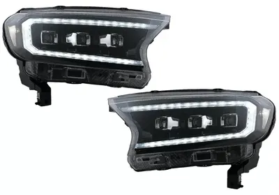 Productafbeelding van LED-koplampen met dynamische startindicator voor Ford Ranger, modeljaren 15-20, linksgestuurd (LHD), matrixtechnologie, zwarte behuizing.