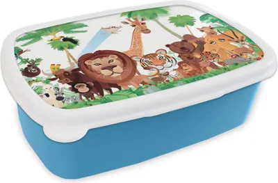Produktbild von KitchenYeah® Lunchbox Brotzeit Brotdose 17x11 cm Wilde Tiere - Dschungel - Löwe - Tiger - Mädchen - Kinder - Jungen Kinder Brotzeitdose - Lunch - Kunststoff  - Brotbüchse - Sandwichbox - Lunchbox für