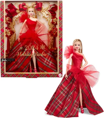 Produktbild von Barbie Signature Doll, Holiday Blonde Fashion Doll Wearing Gown with Plaid Skirt, Seasonal Collector Gift in Displayable Packaging, HRM65