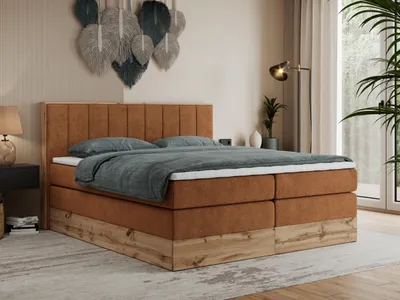 Produktbild von MKS MEBLE King Boxspringbett 180x200 mit Bettkasten Eiche, Polsterbett 180x200 mit Matratze H3, Bett 180x200 mit Rahmen in Wotan Eiche und Kopfteil - Orange Struktur - Bellissimo King